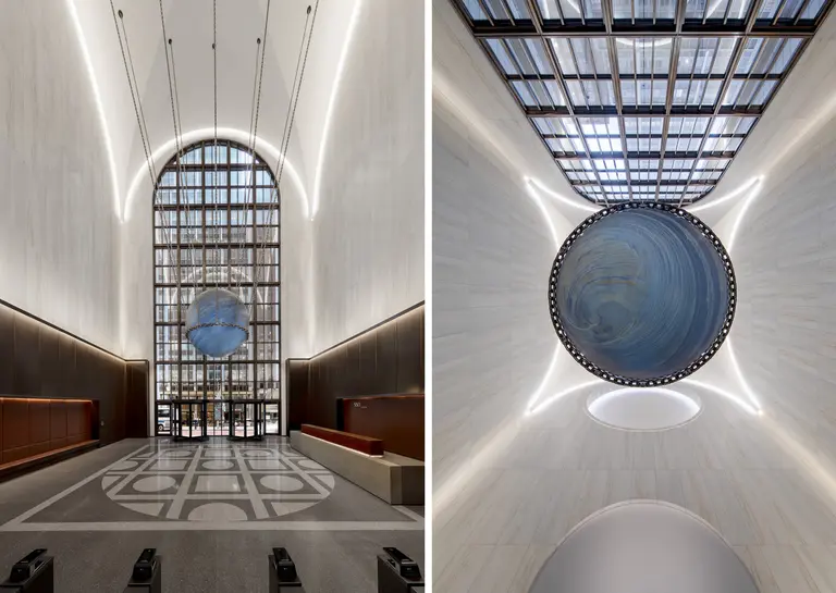 A 24-ton stone sphere is hanging in the lobby of Philip Johnson’s 550 Madison Avenue tower